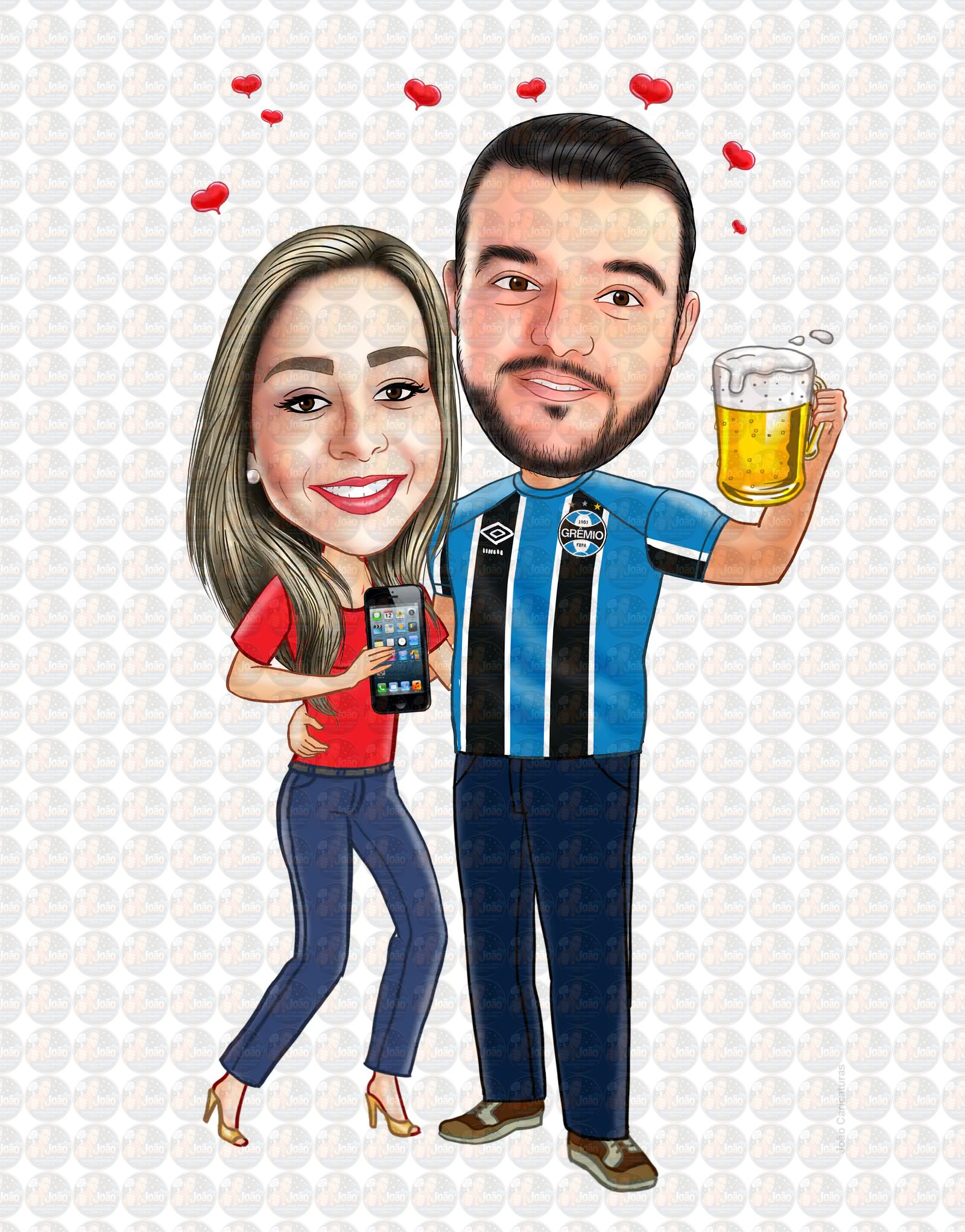 Caricatura digital de casal bodas namorados namoro abraçados aniversário camisa time grêmio celular cerveja chopp rosto normal Santos. gostosa internacional times sereia mulherão