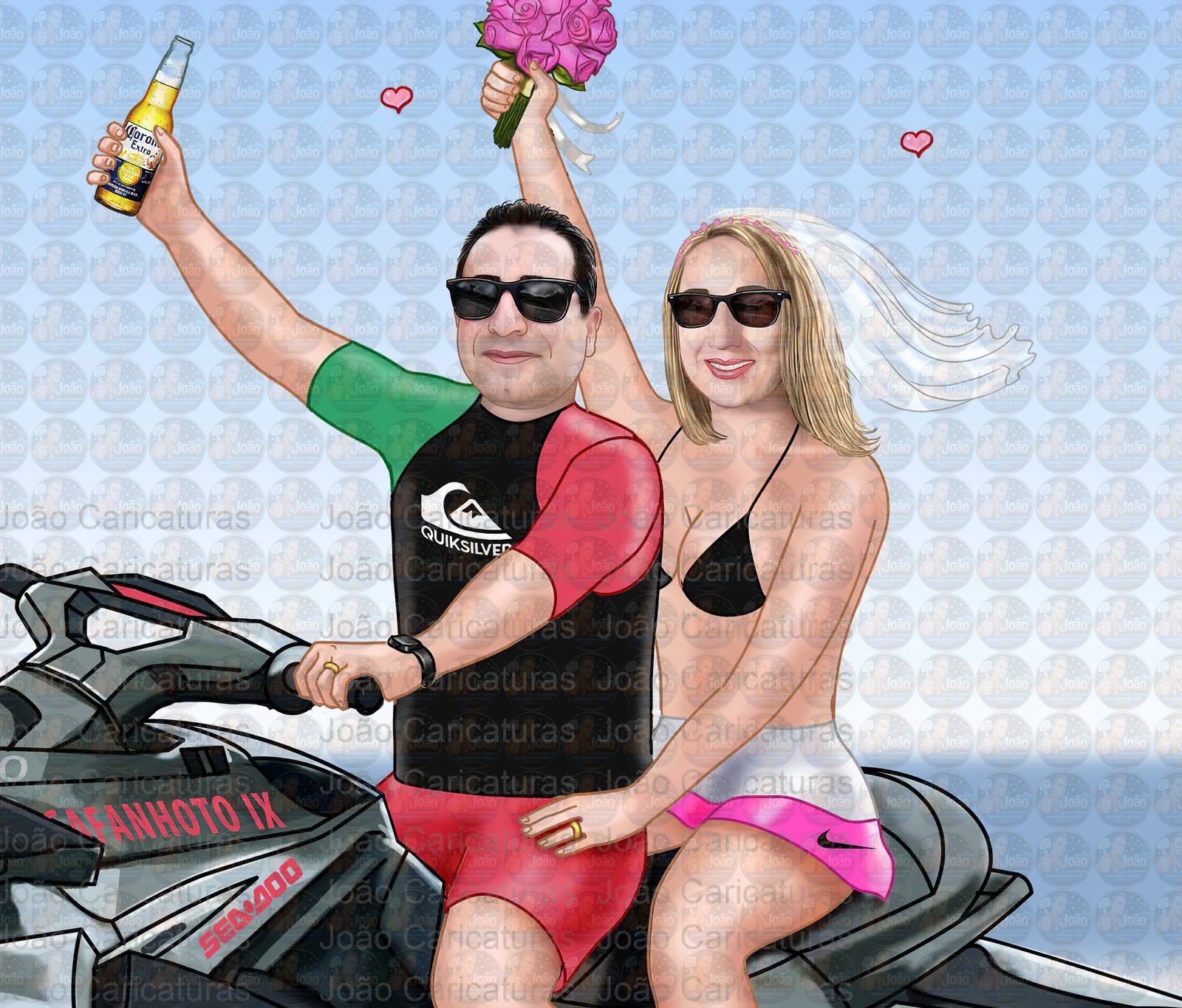 Caricatura casamento noivo pilotando moto ski, jet ski, moto aquática, mar, sentados, namorados, casando, RXT X