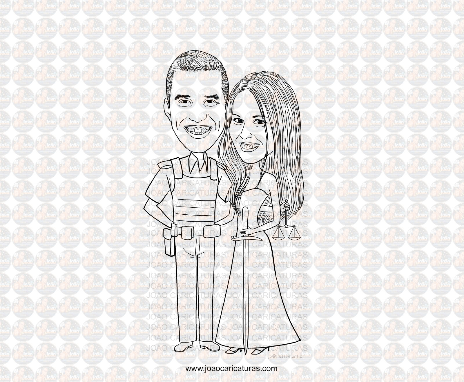 Caricatura casal traço sem cor corel casamento noivo noiva drone controle remoto vetor vetorial 1 cor brindando divertida