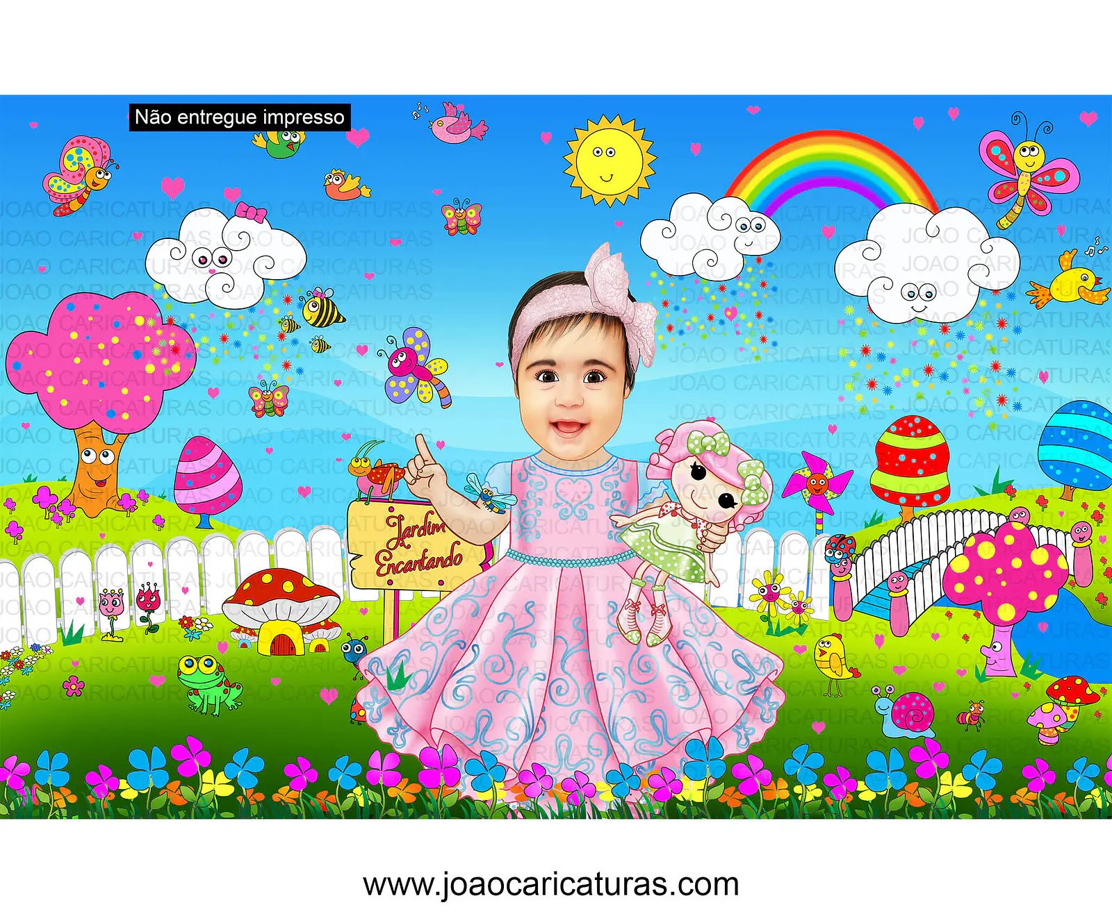 Caricatura criança linda convite de bebezinha linda, menina no Jardim mágico encantado cheio de borboletas, gogumelos, passarinhos, abelhinhas, florzinhas, caracol, arcos iris,sapinhos super colorida