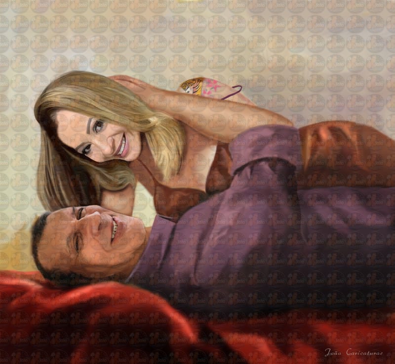 caricaturas Pintura Realista casal deitados abraçando apaixonados sensual romântica digitais delicados imitando tela a óleo