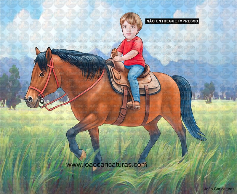 Caricatura do desenho animado Lucky e Spirit ou mesmo menino no cavalo comum personalizada com a sua foto menina ou menino cavalgando cavalo aniversário decoração para banner + 1m