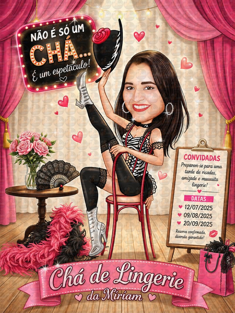 Caricatura Tema Cabaré Feminino | Convite Personalizado com Plumas