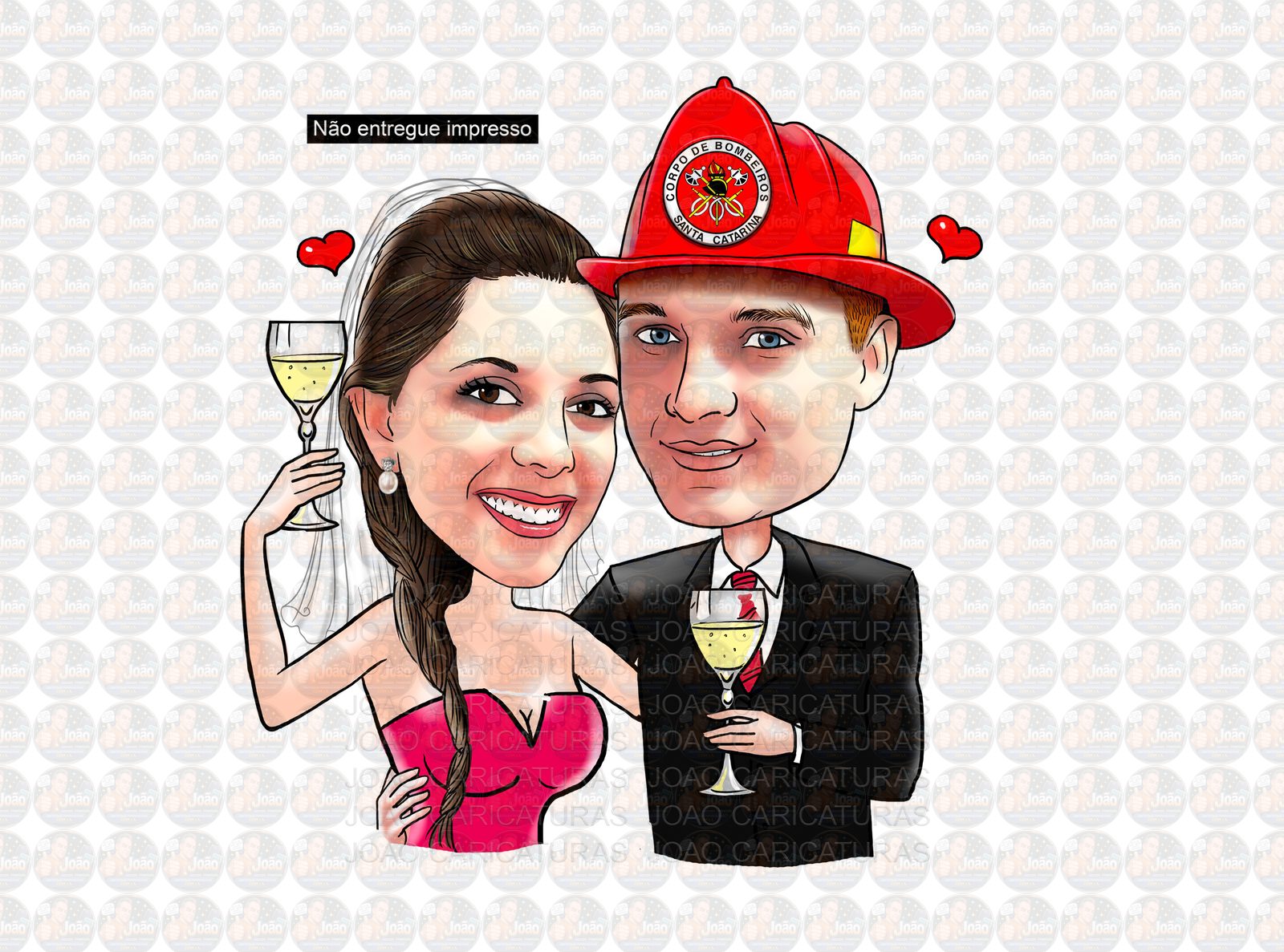 Caricaturas casamento, caricatura noiva abraçada com noivo bombeiro, puxando pela mangueira, noivo amarrado