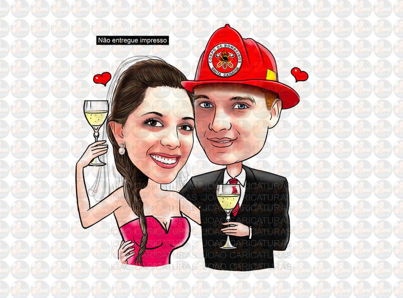 Caricaturas casamento, caricatura noiva abraçada com noivo bombeiro, puxando pela mangueira, noivo amarrado