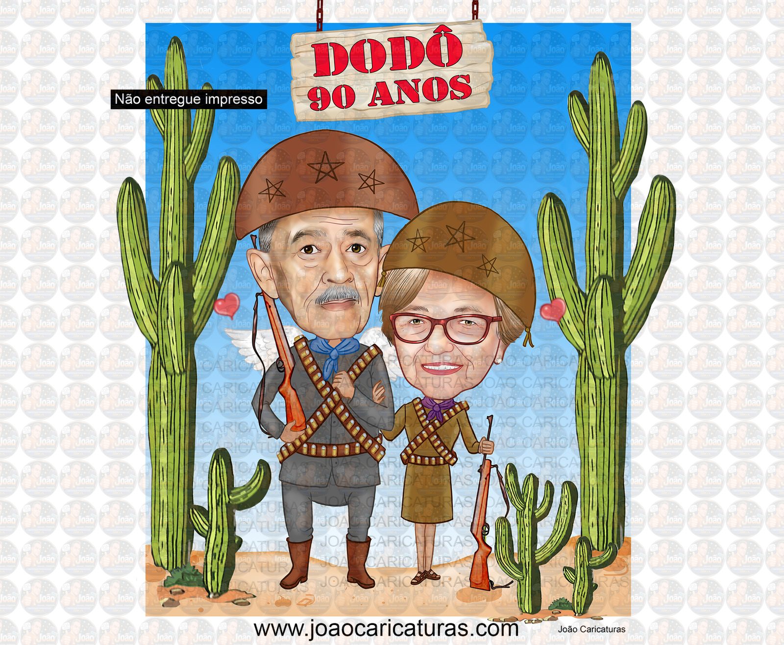 Caricatura casal abraçados cangaceiro nordestino agreste cactos lampião maria bonita 60 70 80 90 anos idoso homenagem postumas espingarda