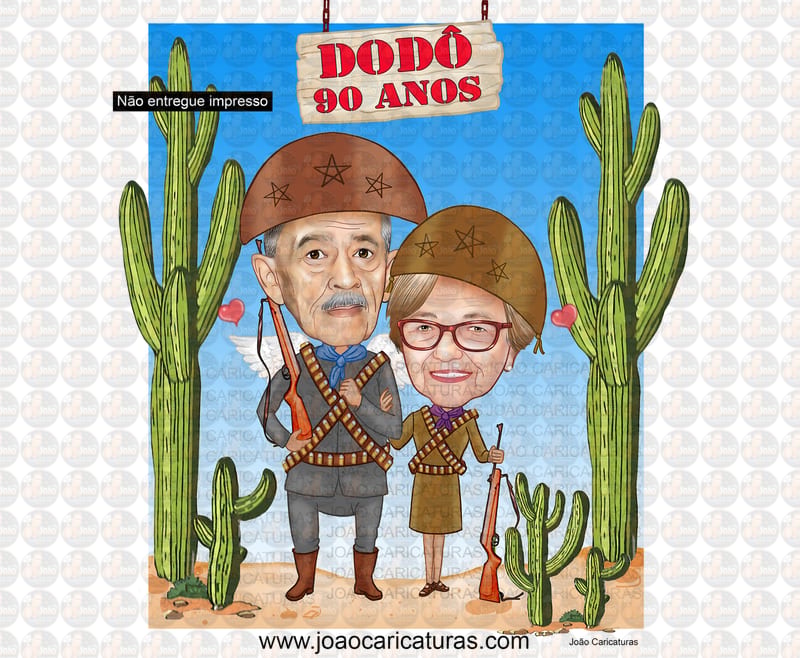 Caricatura casal abraçados cangaceiro nordestino agreste cactos lampião maria bonita 60 70 80 90 anos idoso homenagem postumas espingarda