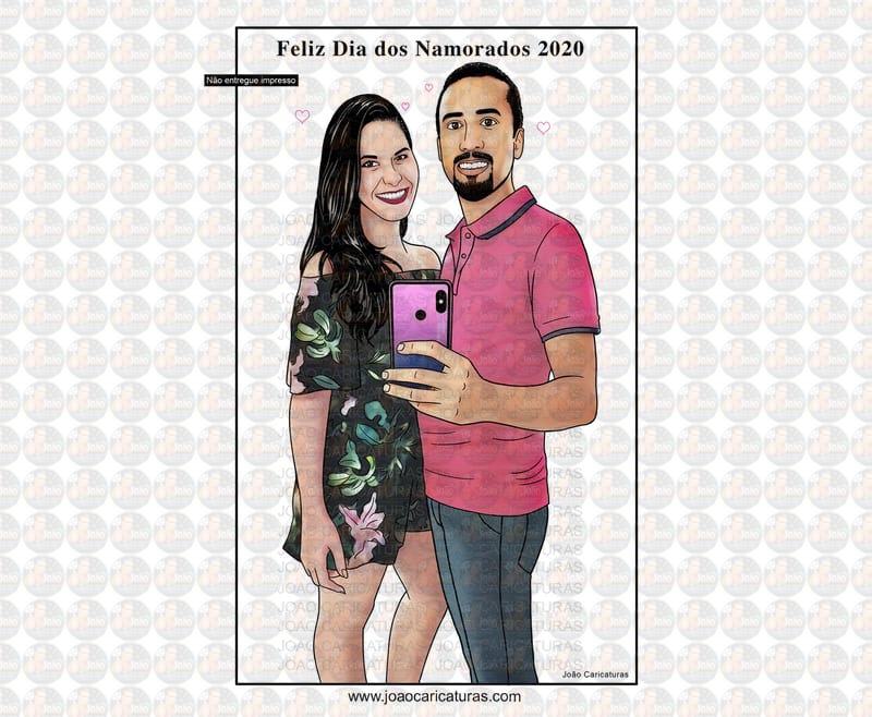 Desenhos e caricatura linda de casal apaixonado fazendo self estilo hq traço com cor presente de namoro crush quadro banner presente moderno boa idéia fino surpresa melhor idéia aniversário boda