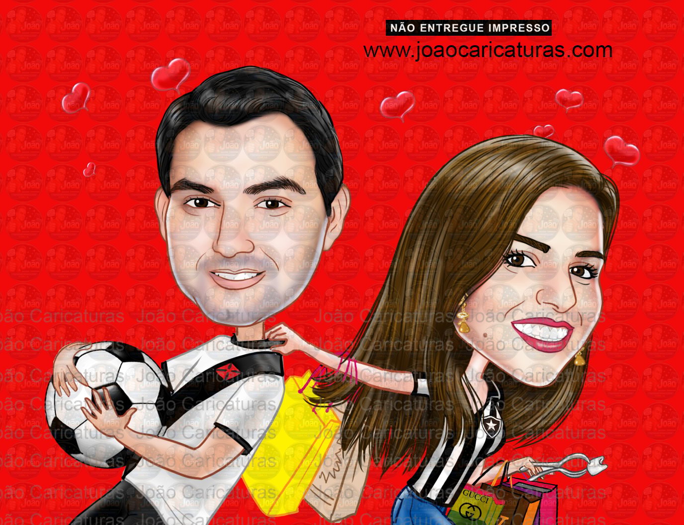 Desenho de caricatura digital namorados time vasco da gama apaixonada bola jogador tirando de campo sacolas de compras dentista puxando pela gola gastadora noiva pedido de namoro