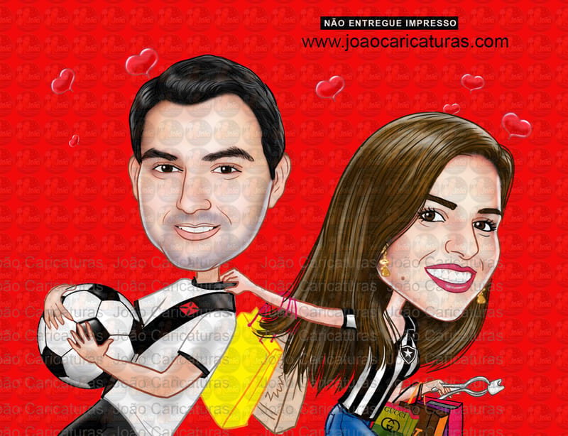 Desenho de caricatura digital namorados time vasco da gama apaixonada bola jogador tirando de campo sacolas de compras dentista puxando pela gola gastadora noiva pedido de namoro