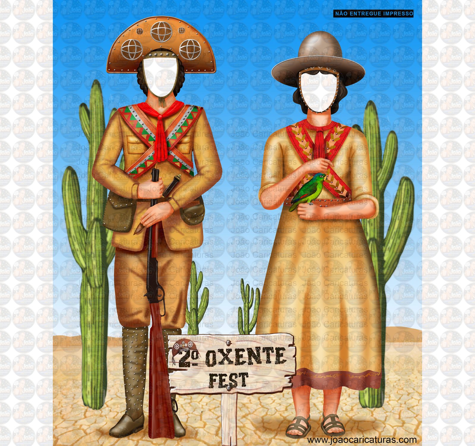 Lindo desenho, enviado por email, para imprimir, Banner EuFui, casal nordestino, lampião, Maria Bonita, cangaceiro, rei do cangaço, espingarda, chapéu de couro, cactos, sertão, espingarda