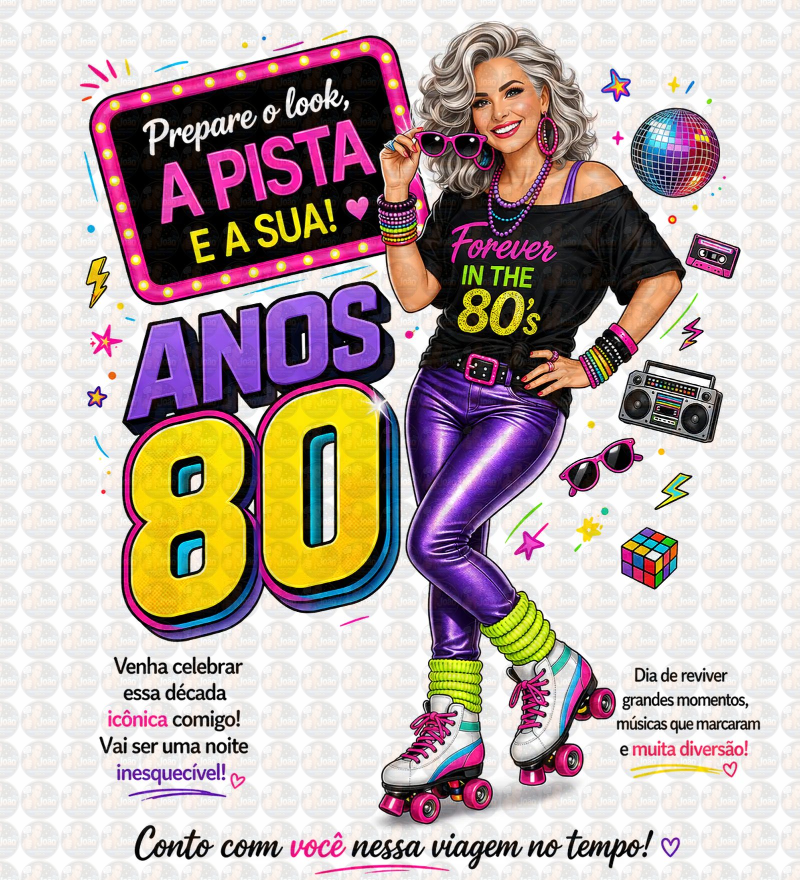 Convite Anos 80 com Caricatura Personalizada – Tema Retrô Digital