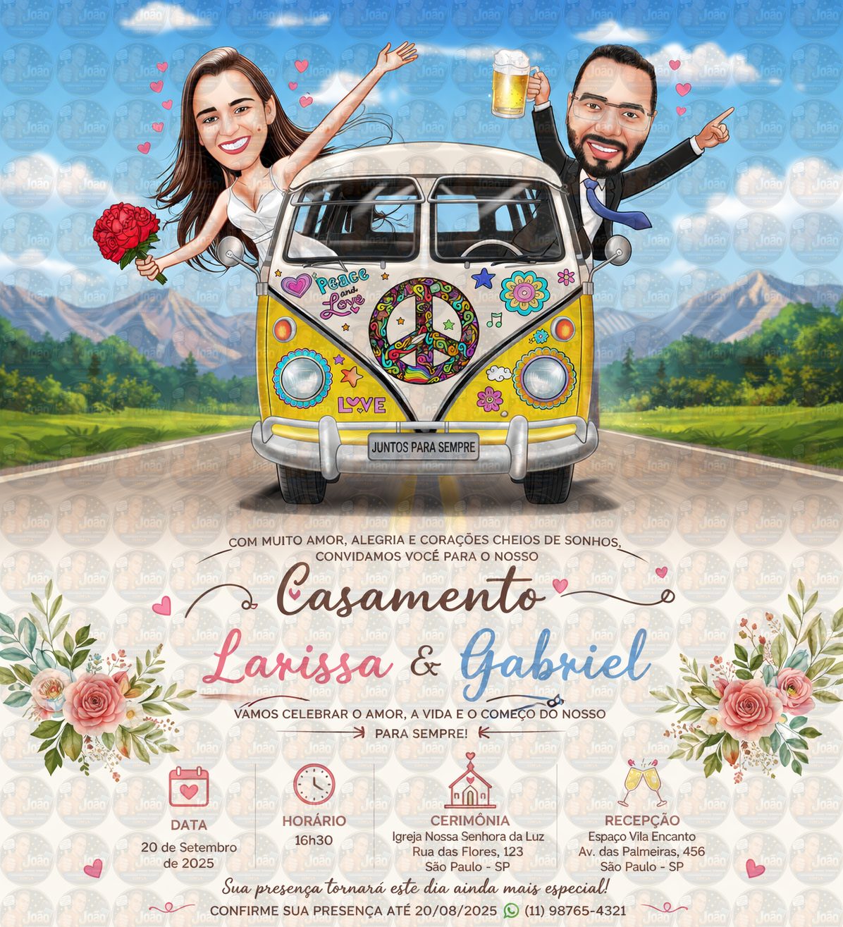 Caricatura de Casamento com Carro Personalizada – Noivos Dirigindo e Tema Automotivo
