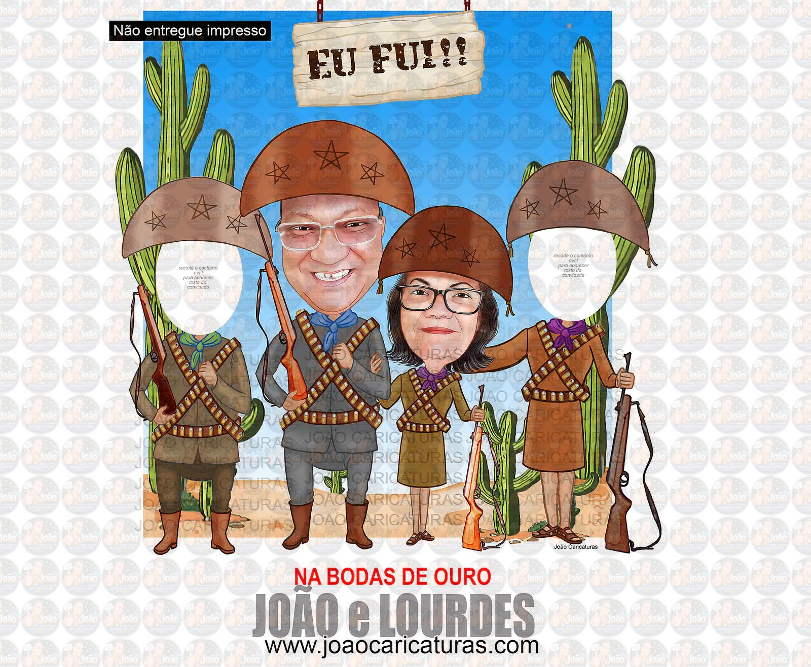 Caricatura casal abraçados cangaceiro nordestino agreste cactos lampião maria bonita 60 70 80 90 anos idoso homenagem postumas espingarda