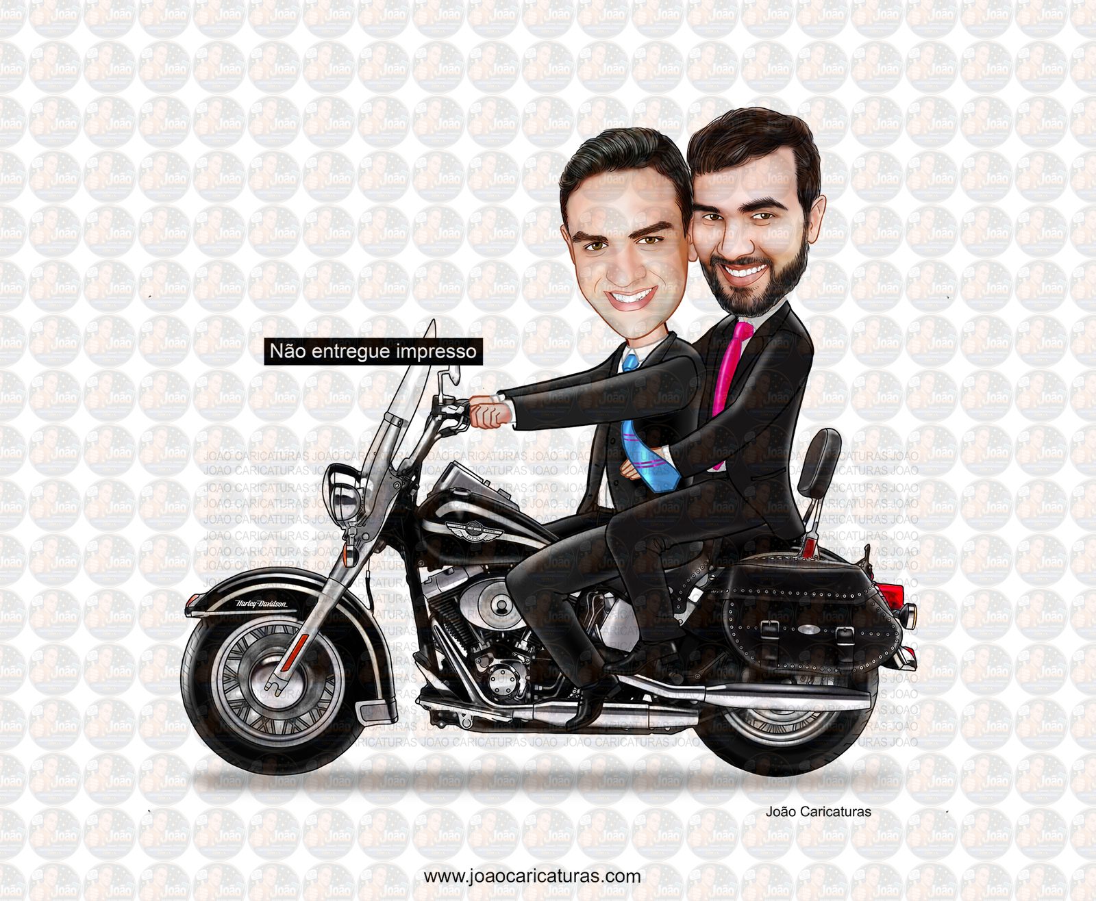 Caricatura casamento gay com moto, casal, dirigindo, noivo, marido, bodas, motoqueiro,lua de mel,
