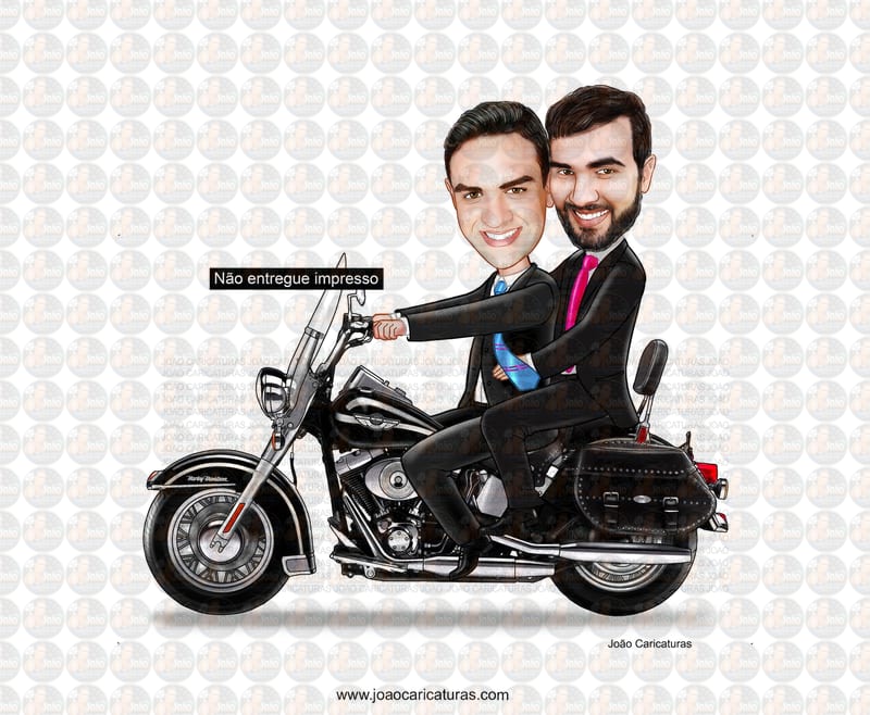 Caricatura casamento gay com moto, casal, dirigindo, noivo, marido, bodas, motoqueiro,lua de mel,