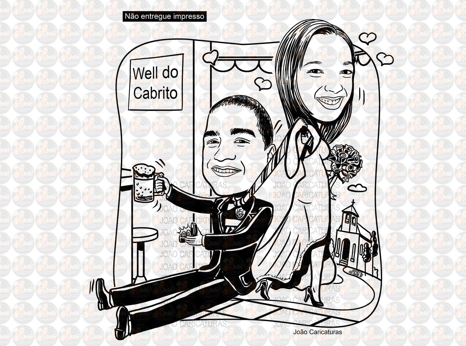 Caricatura casal traço sem cor corel casamento, noivo, noiva, vetor, vetorial, 1 cor, correndo, noivo atrasado,noiva brava, igreja, altar, rolo macarrão, puxando gola,puxando corda,moto, brindando,
