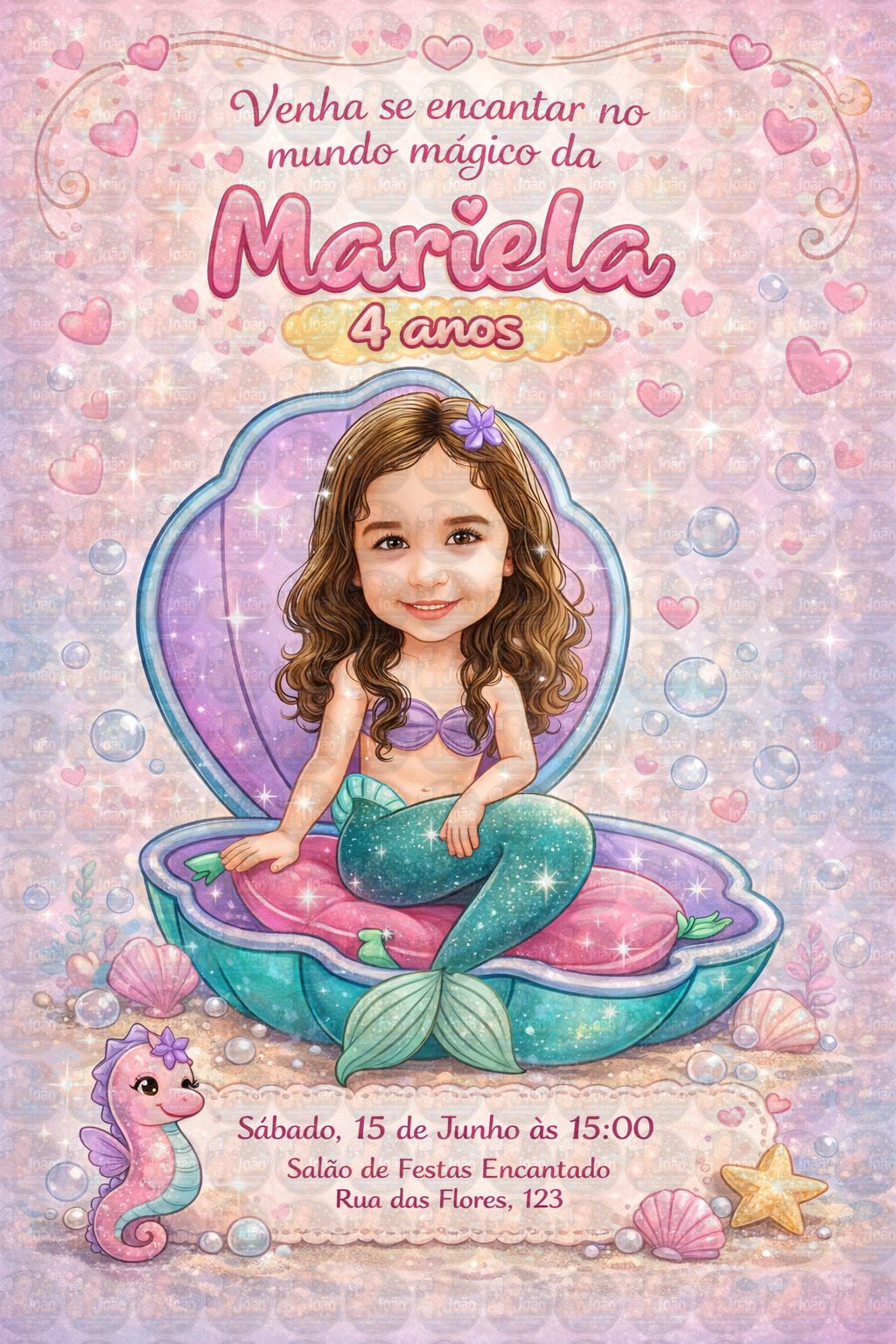 Caricatura Infantil Sereia Personalizada | Convite e Banner Menina