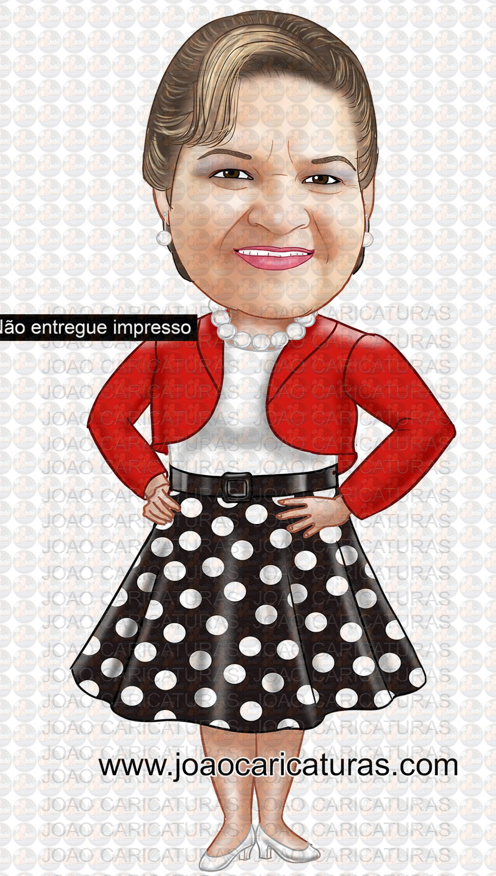 Caricatura mulher Aniversariante festa estilo anos 50 60 70 80 vestido bolinha amarelinha sra idosa velha guarda caricatura desenho letras letreiro moda vestimenta