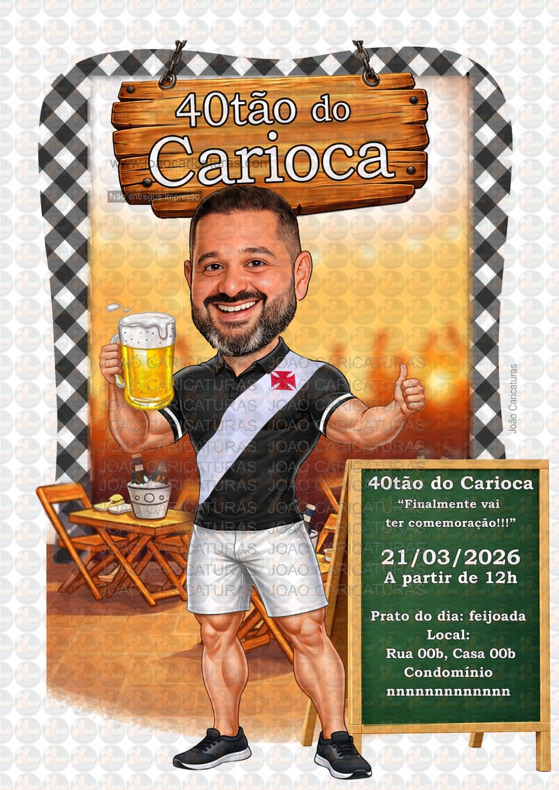 Caricatura realista personalizada para convite aniversário homem caneca choop em ambiente de boteco