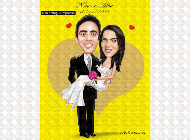 Caricaturas casamento, casal embarcando,noivo sentado, avião, notebook, lua de mel, noiva laçada corda, moderna, puxando gravata, parecida, alterofilista, felizes, musculoso, noiva no colo confeitera