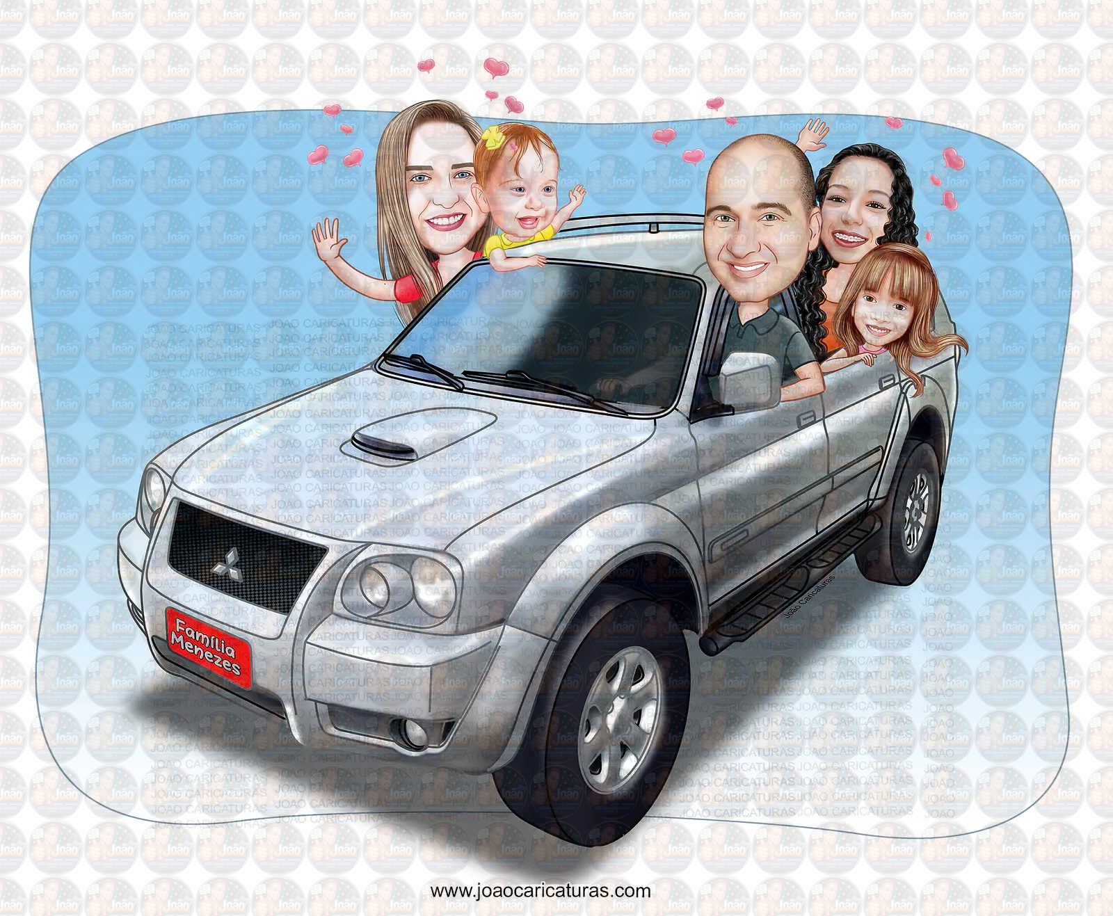 Caricatura Digital Personalizada de Família com Carro (Preço por Pessoa)