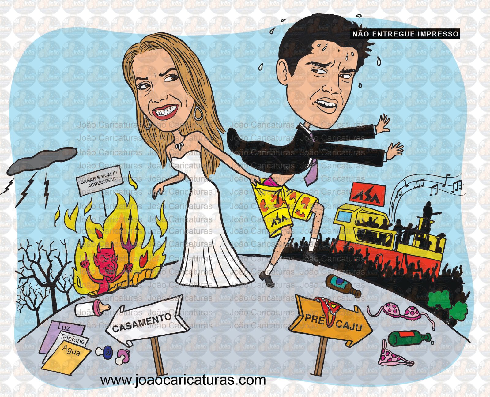 Caricatura de Casamento no Trio Elétrico – Tema Carnaval, Micareta e Forró Personalizado