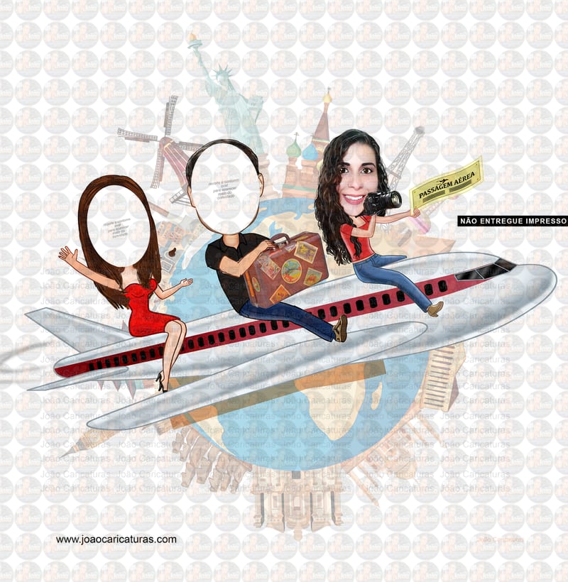 Caricatura para Banner Eu Fui (não impresso) festa de despedida aniversário viagem pontos turisticos países mudança tur avião voô convidados sem rosto