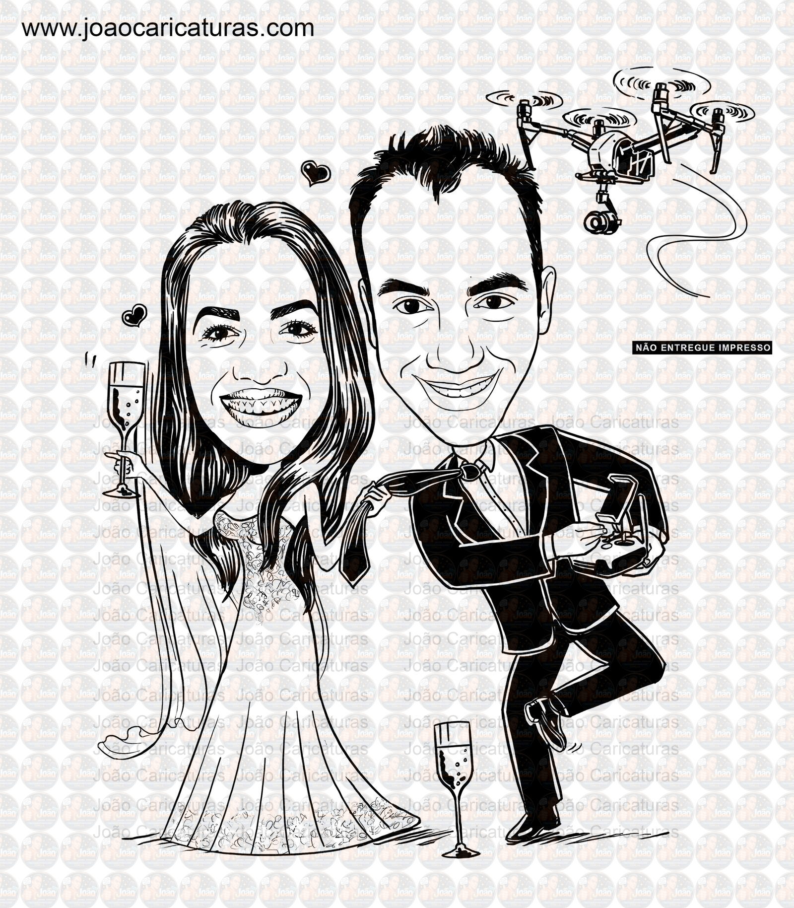 Caricatura casal traço sem cor corel casamento noivo noiva drone controle remoto vetor vetorial 1 cor brindando divertida