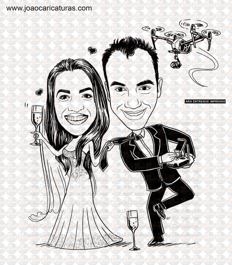 Caricatura casal traço sem cor corel casamento noivo noiva drone controle remoto vetor vetorial 1 cor brindando divertida