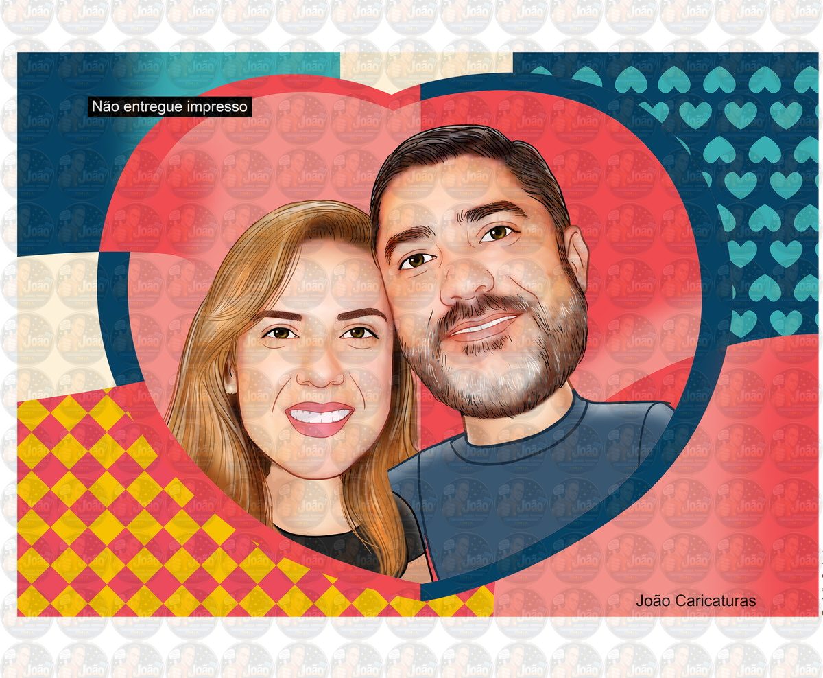 Linda caricatura digital de casal namorados namoro abraçados aniversário festa presente luar príncipe juntinhos crush moderna realista, caprichada rosto normal natura traços perfeitos idênticos, praia