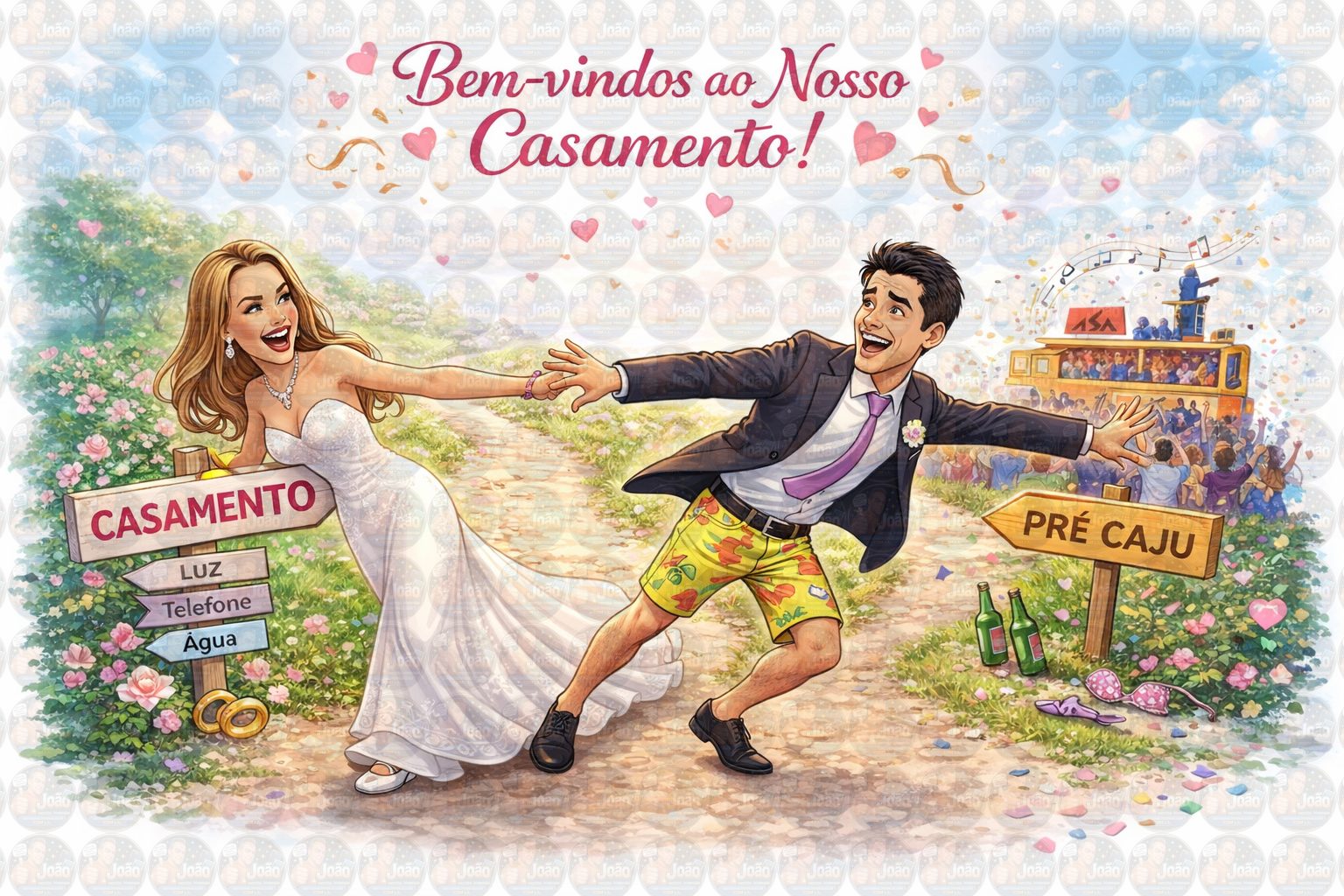 Caricatura de Casamento no Trio Elétrico – Tema Carnaval, Micareta e Forró Personalizado