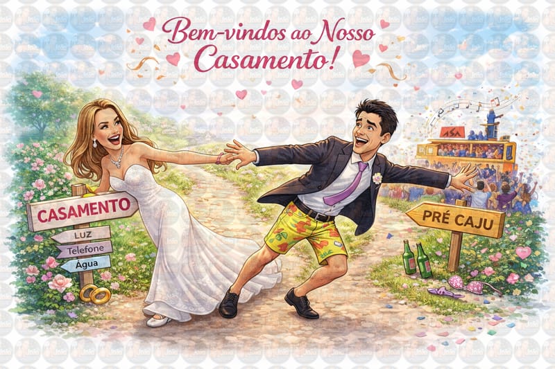 Caricatura de Casamento no Trio Elétrico – Tema Carnaval, Micareta e Forró Personalizado