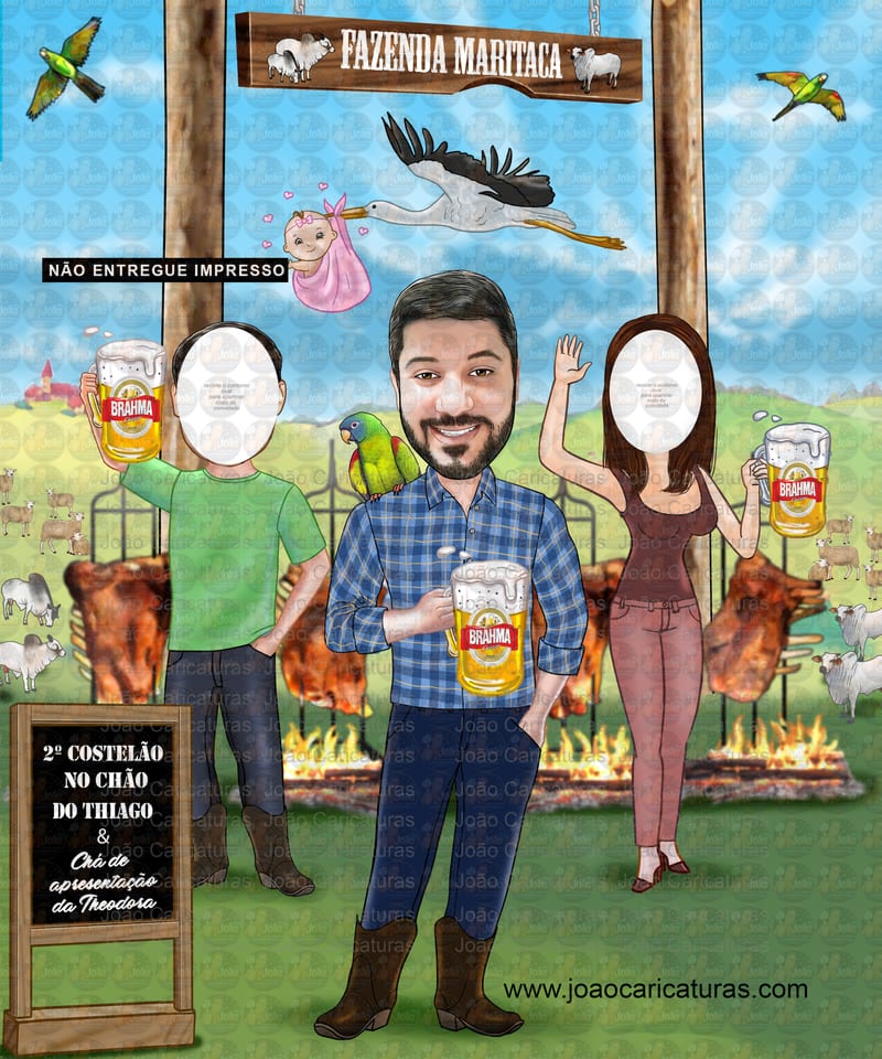 Caricatura aniversário convite no tema costelão, carnes, costela de chão, churrasco no campo estilo banner EU FUI 2 metros de altura (entrego via email não impresso)