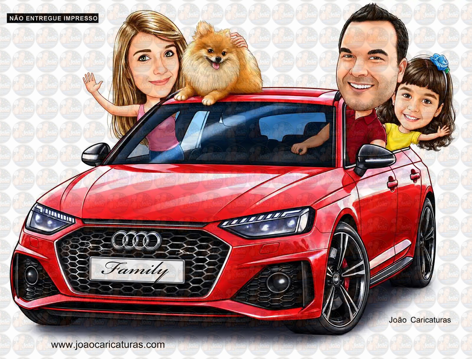 Caricatura Digital Personalizada de Família com Carro (Preço por Pessoa)