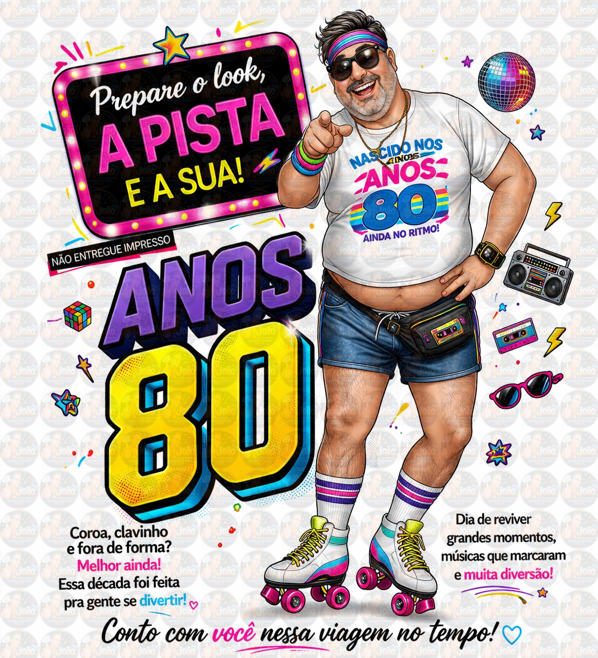 Convite Anos 80 com Caricatura Personalizada – Tema Retrô Digital