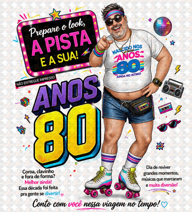 Convite Anos 80 com Caricatura Personalizada – Tema Retrô Digital