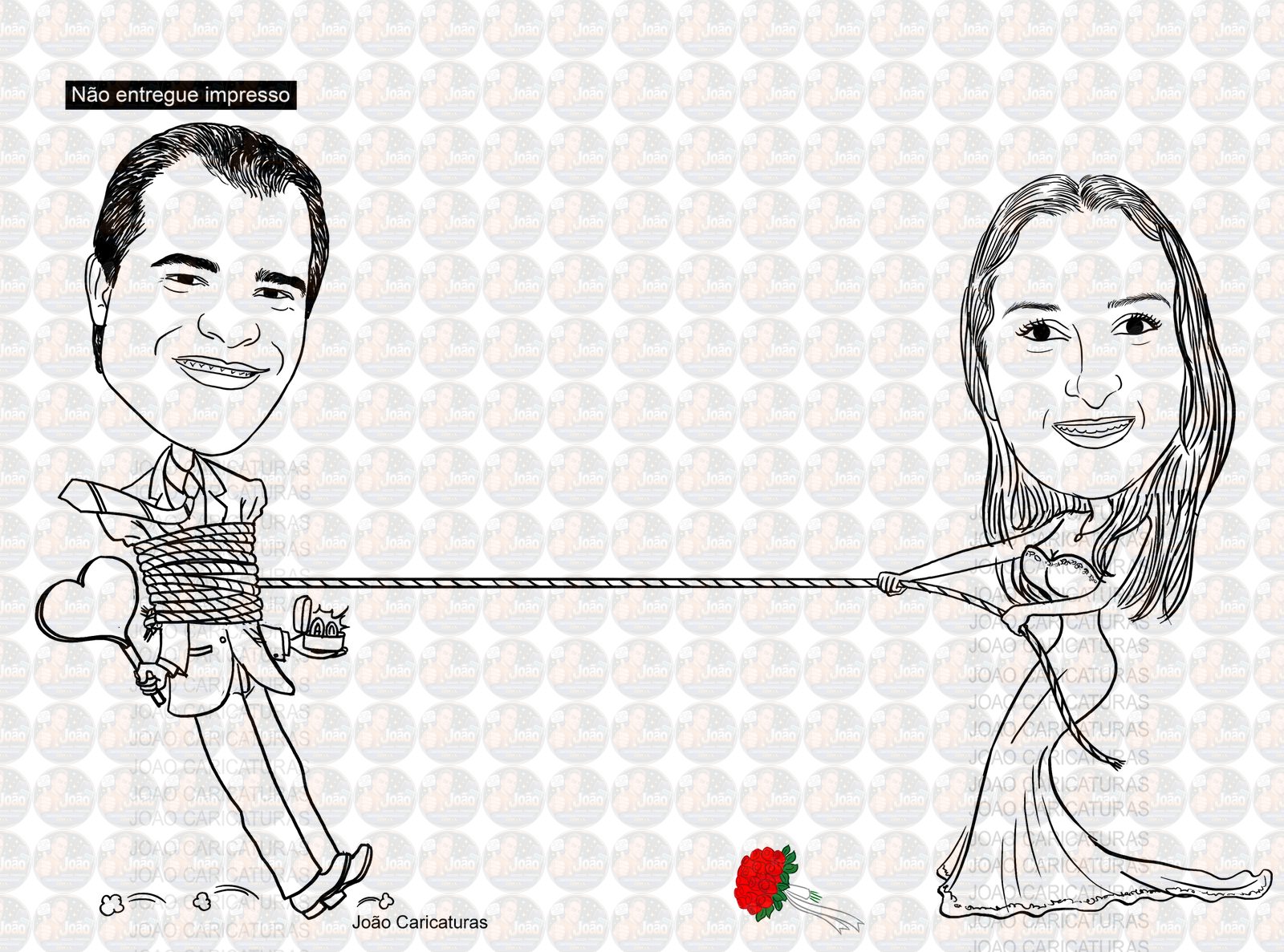 Caricatura casal traço sem cor corel casamento, noivo, noiva, vetor, vetorial, 1 cor, brindando, divertida, puxando pela corda, acorrentado, abraçado marido esposa