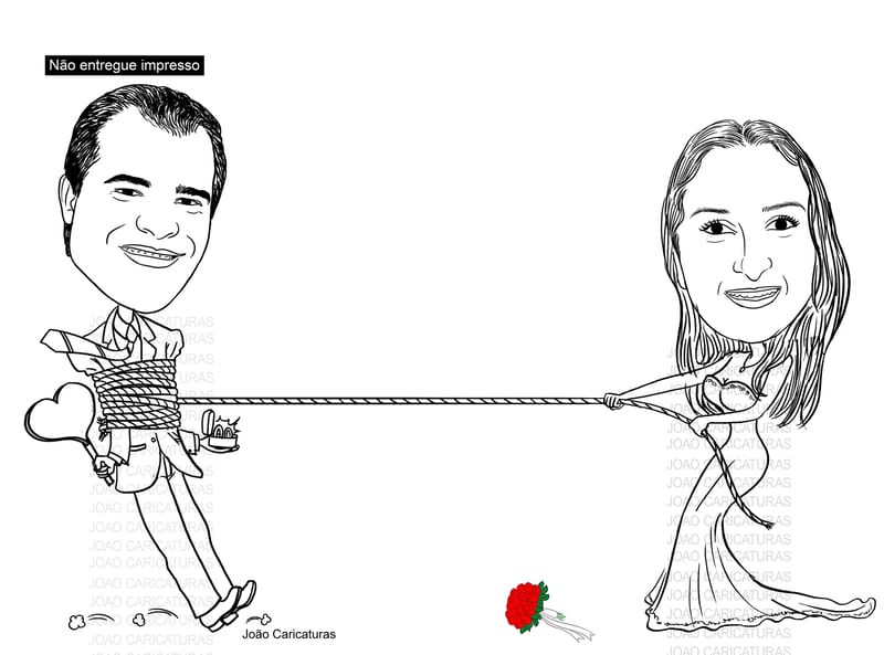 Caricatura casal traço sem cor corel casamento, noivo, noiva, vetor, vetorial, 1 cor, brindando, divertida, puxando pela corda, acorrentado, abraçado marido esposa