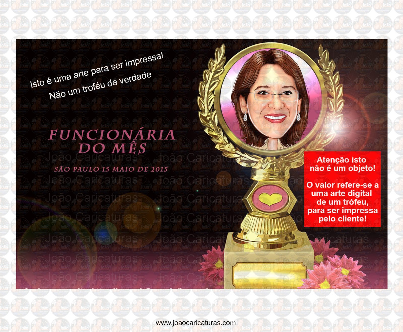 Caricatura de mulher feita sob encomenda através de fotos colocado na imagem de um troféu para ser impresso pelo cliente, funcionária do mês, condecoração, diploma, conquista destaque do mês mãe mulhe