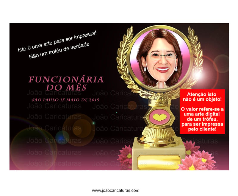 Caricatura de mulher feita sob encomenda através de fotos colocado na imagem de um troféu para ser impresso pelo cliente, funcionária do mês, condecoração, diploma, conquista destaque do mês mãe mulhe