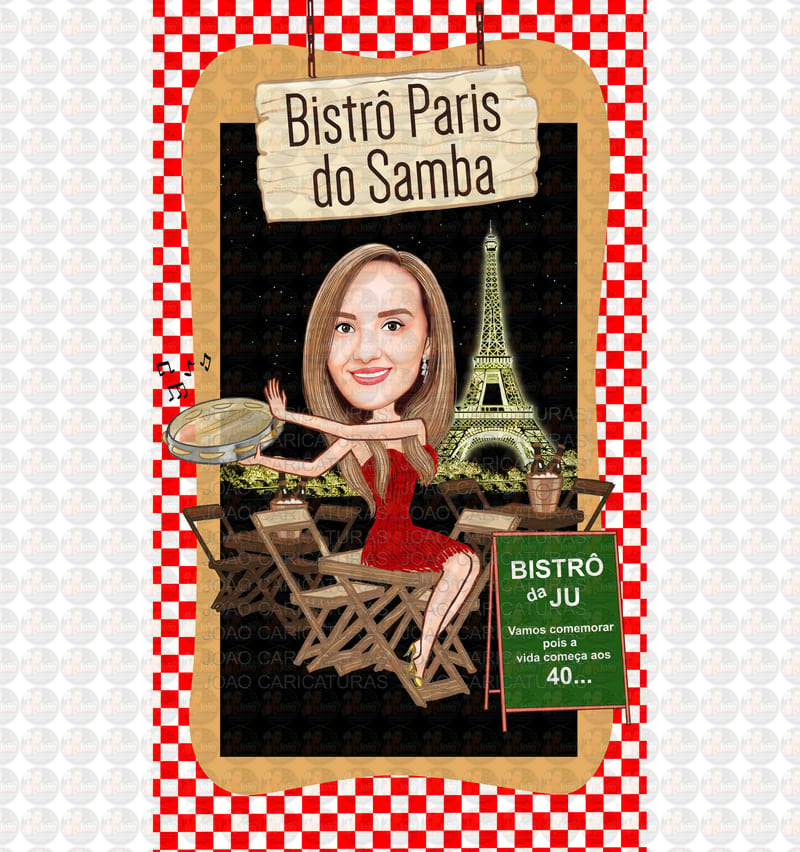 Caricatura de mulher barzinho em Veneza, gôndolas, convite digital, bristô, Paris, torre  eiffel, boteco, samba, aniversário, pandeiro, Itália, Gondoleiro