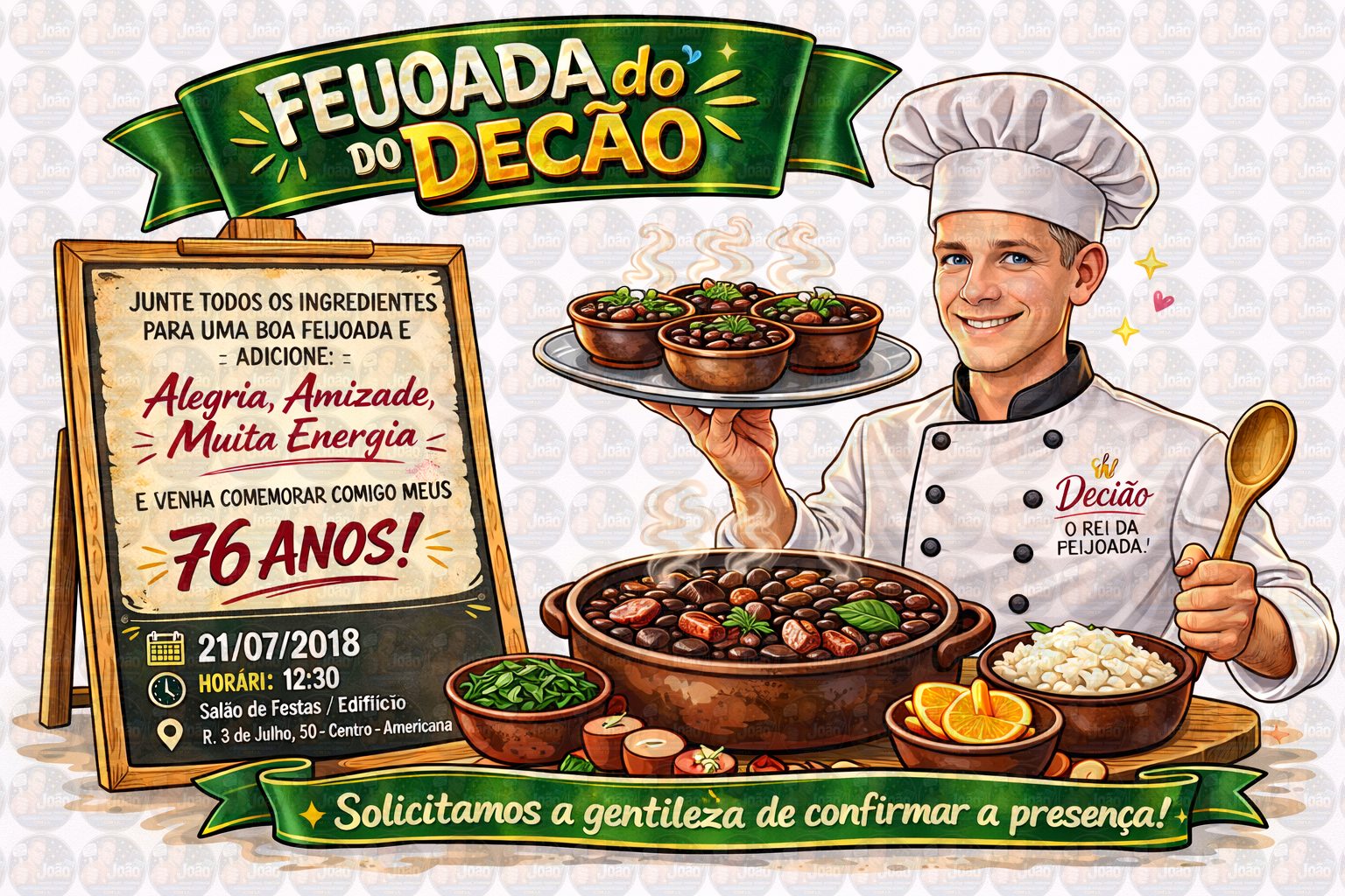 Caricatura Personalizada para Convite de Aniversário tema feijoada | Arte Digital Exclusiva