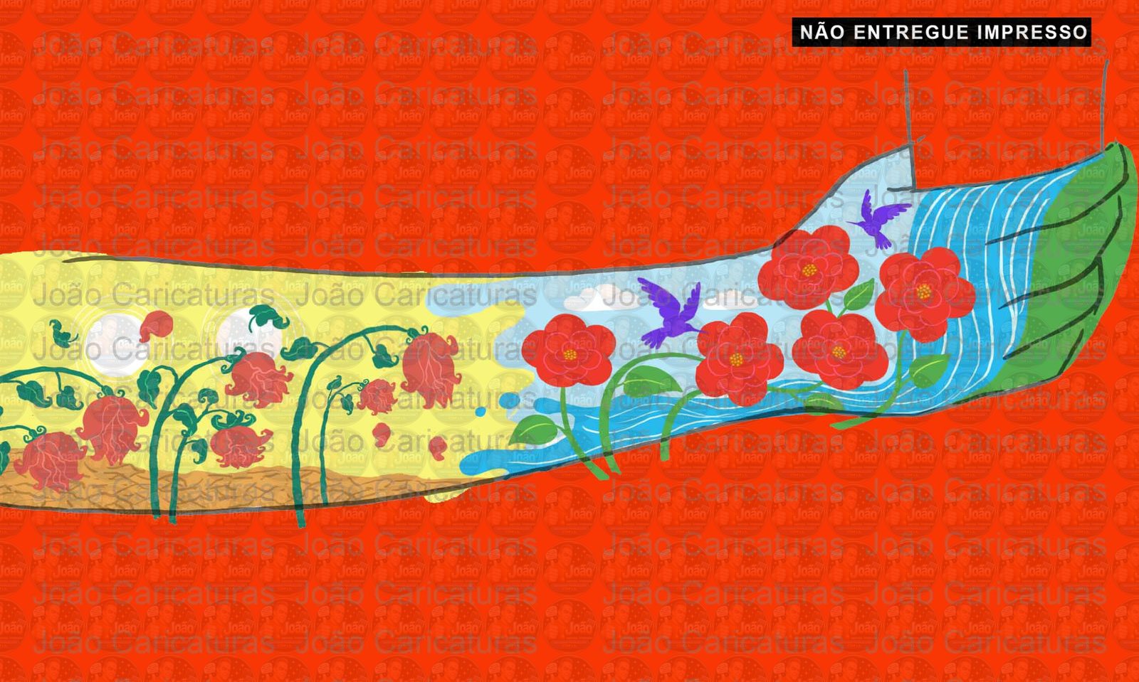 Desenho ilustração artistica braço de homem segurando copo cachoeira flores beija flor água e solo seco seca sol irrigação arvores mortas arco iris deserto força da agua