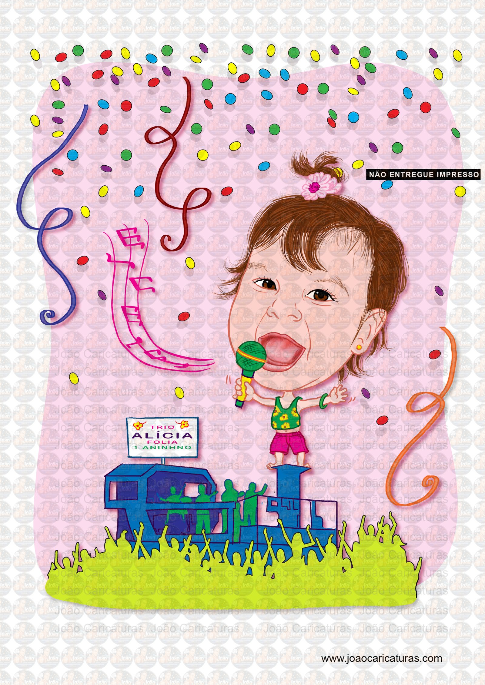 Caricatura de Aniversário Infantil Micareta – Trio Elétrico com Músicos | Tema Carnaval Personalizado