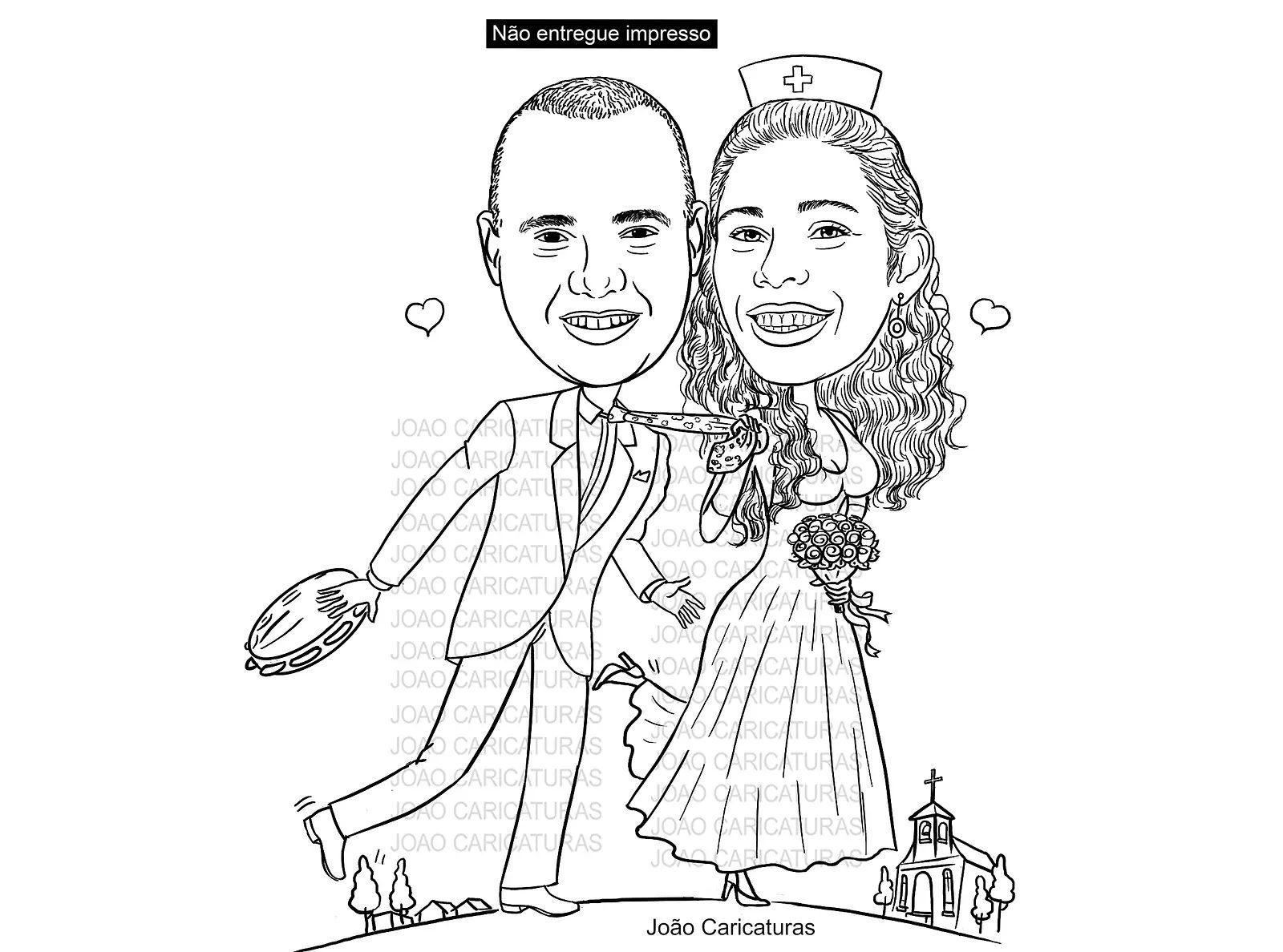 Caricatura casal traço sem cor corel casamento com pandeiro, noivo, noiva enfermeira, vetor, vetorial, 1 cor, puxando gravata, igreja,