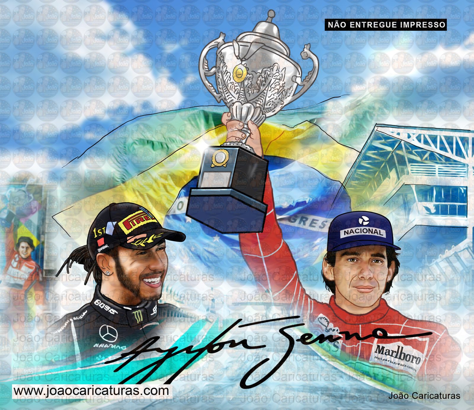 Desenho de Lewis Hamilton e Ayrton Senna Juntos, homenagem, cartaz, ilustração F1, levantando troféu, campeão, ídolo, piloto, carro de corrida, presente para papai para imprimir , famosos, autódromo