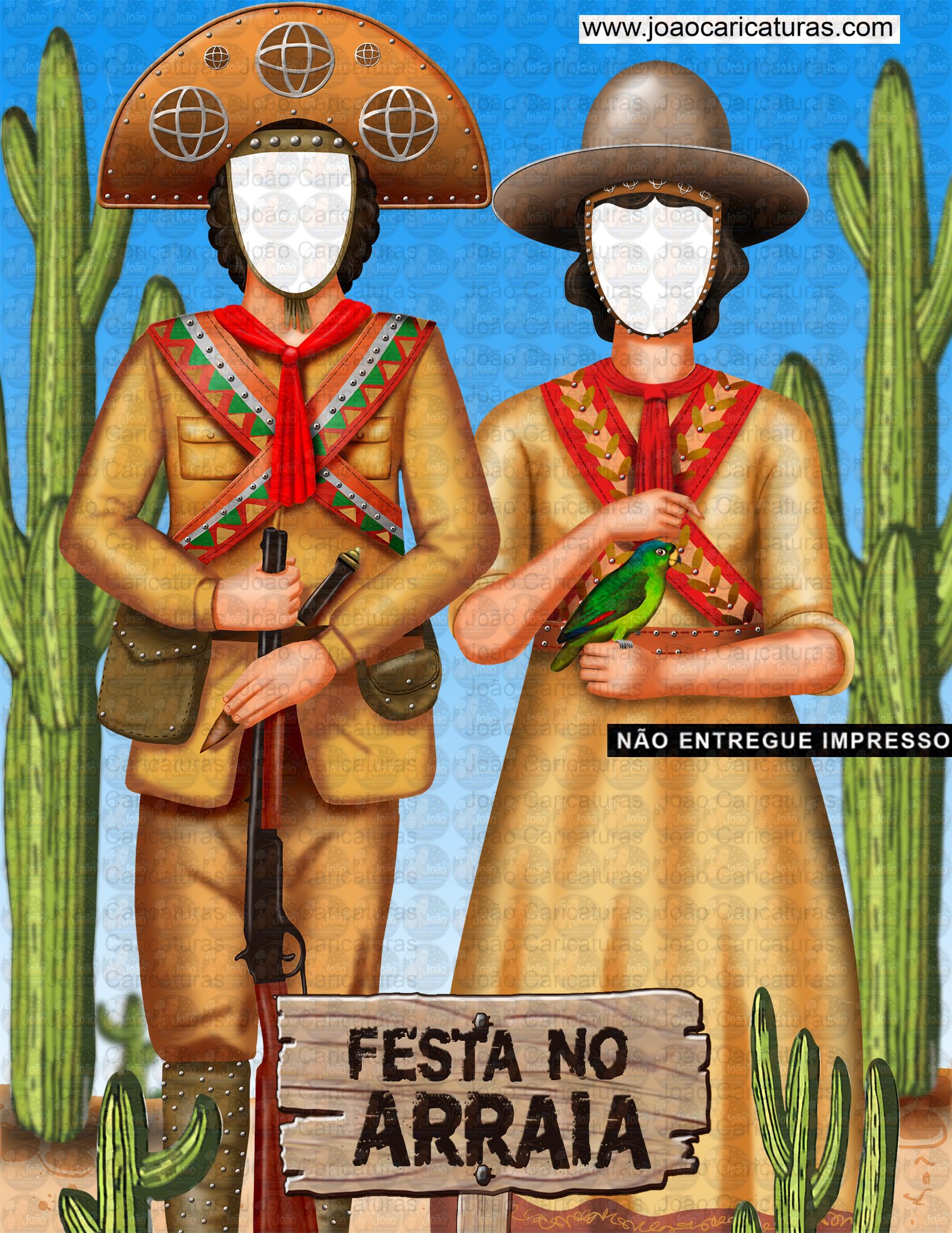 Lindo desenho, enviado por email, para imprimir, Banner EuFui, casal nordestino, lampião, Maria Bonita, cangaceiro, rei do cangaço, espingarda, chapéu de couro, cactos, sertão, espingarda