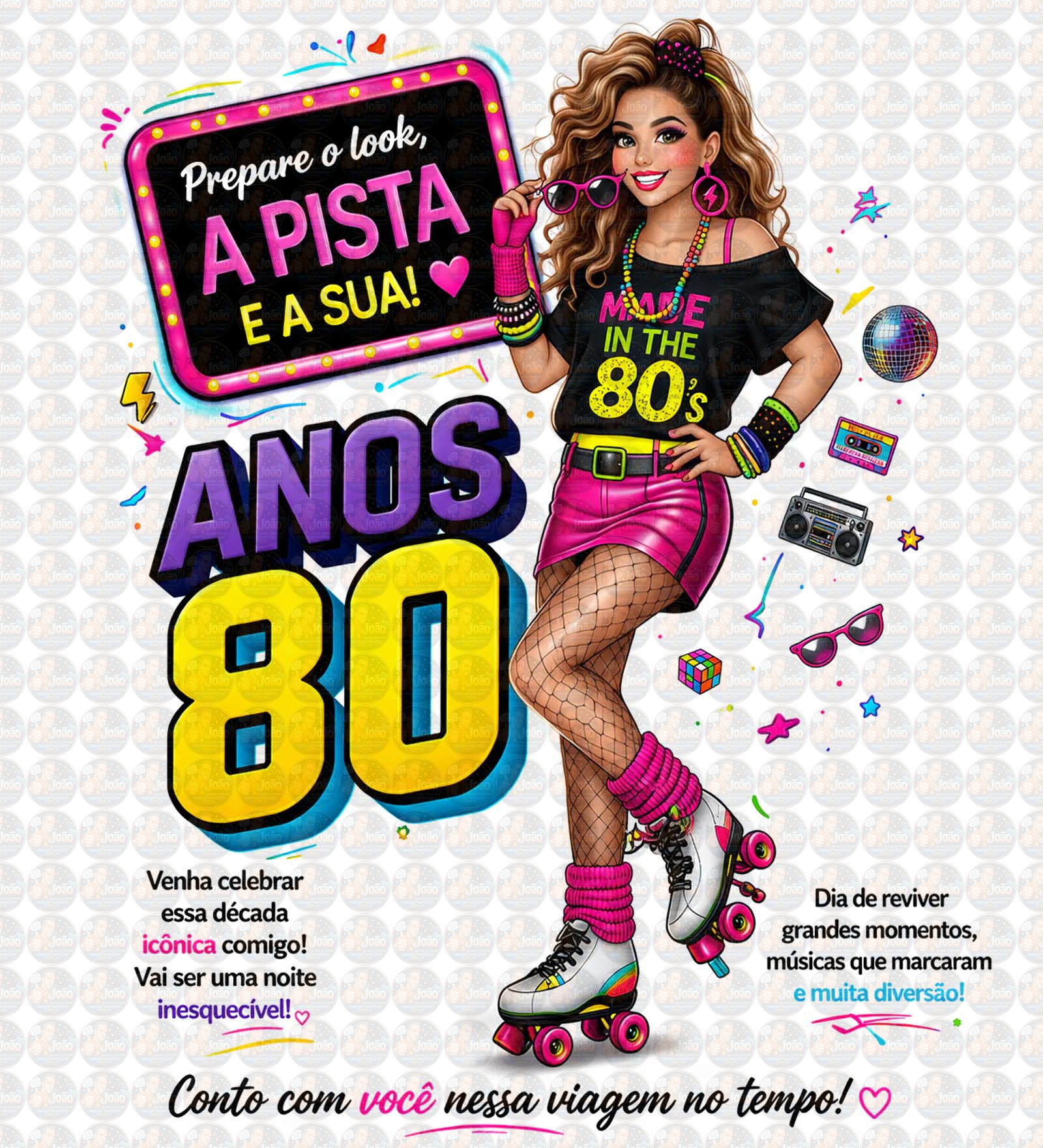Convite Anos 80 com Caricatura Personalizada – Tema Retrô Digital
