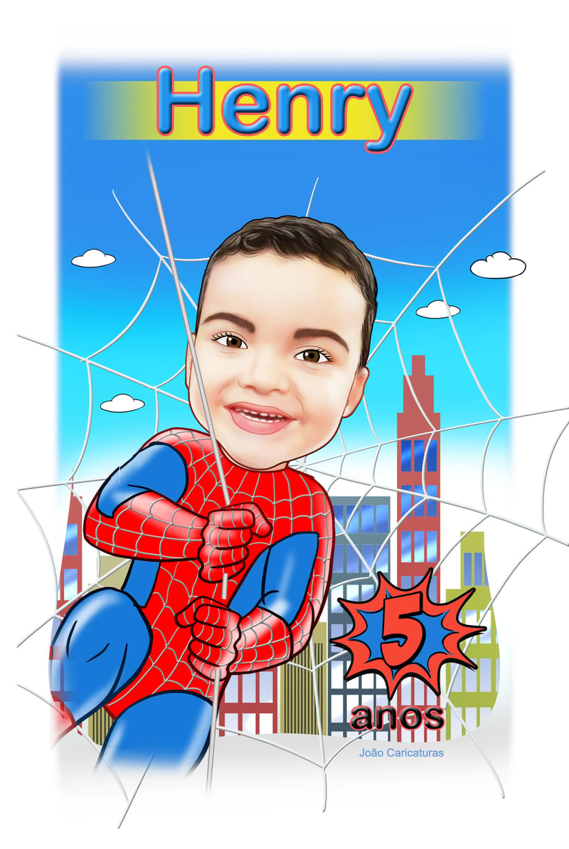 Caricatura digital super herói homem aranha, spider, teia, escalando,pendurado